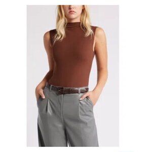 Open Edit Funnel Neck Brown Sleeveless Bodysuit Double Layer Minimalist Chic S